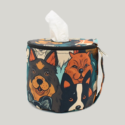 Wasserabweisende Toilettenpapier Tasche in buntem Hunde Muster mit Henkel und D-Ring zum Befestigen an Gürtel und Taschen.