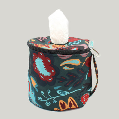 Wasserabweisende Toilettenpapier Tasche in bunt-blumigem Paisley Muster mit Henkel und D-Ring zum Befestigen an Gürtel und Taschen.